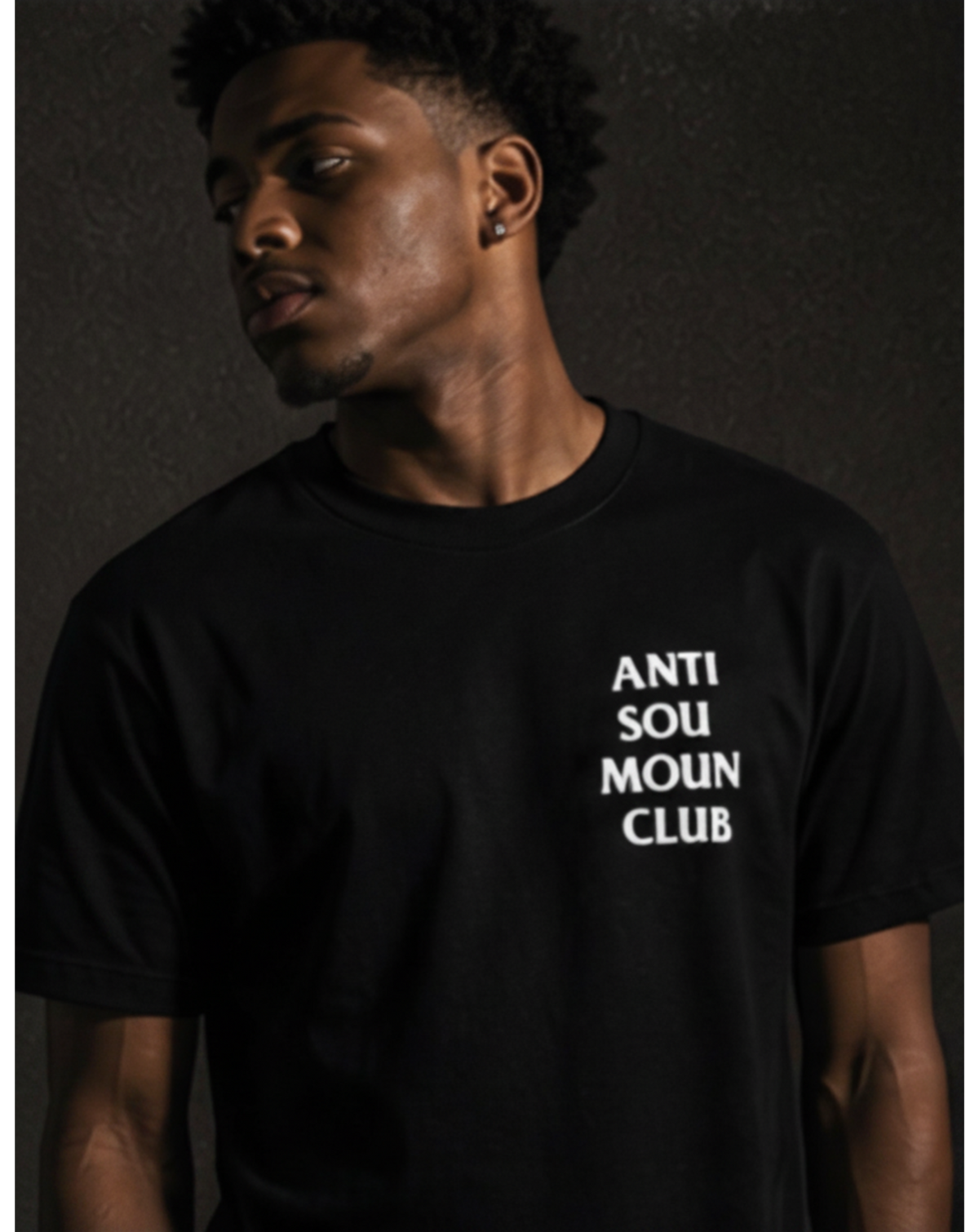 Model wearing black ANTI SOU MOUN CLUB heavyweight streetwear tee